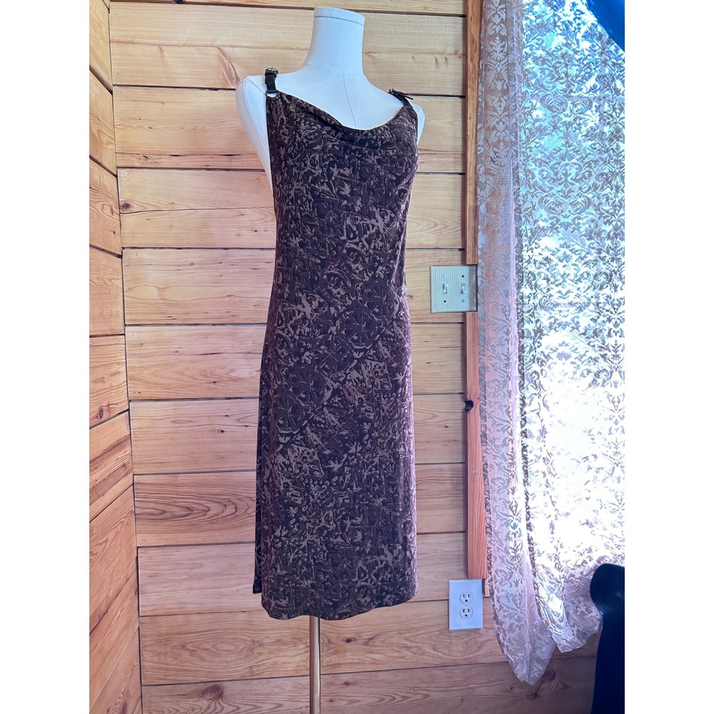 Michael Kors Midi Dress Women Medium Brown Cowl Neck Buckle Strap Abstract Print